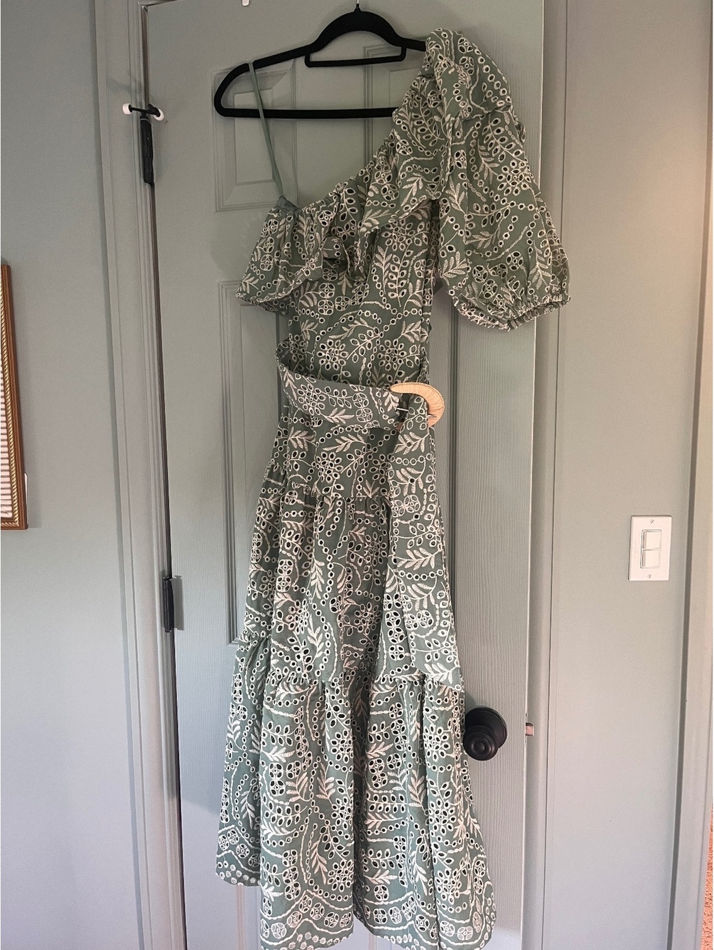 ASOS DESIGN One Shoulder Eyelet Embroidered Midi Dress with Belt in Sage Green